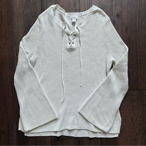 Old Navy Cream Knit Sweater with Lace-Up Neckline